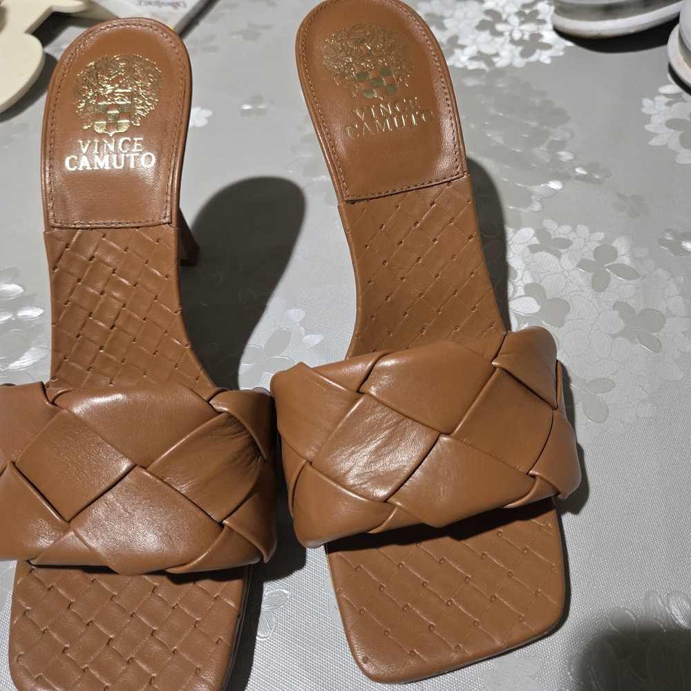 Vince Camuto Brown Woven Slide Sandals